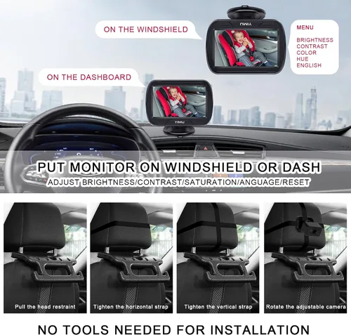 Vista 2 de YIMU HD720P Cámara de coche de bebé para asiento trasero, reposacabezas de automóvil, monitor de instalación rápida, visión nocturna, cámara