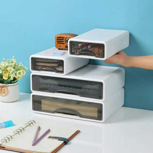 Vista 5 de Cajones de escritorio blancos para papel, cajones de almacenamiento de oficina apilables para escritorio, organizador de manualidades y contenedores