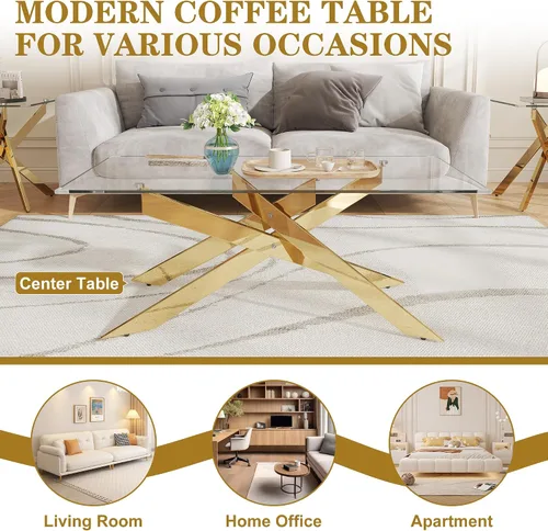 Vista 7 de Mesa de centro de cristal de 47 pulgadas con parte superior de vidrio templado y patas de metal dorado, mesa central rectangular moderna para sala