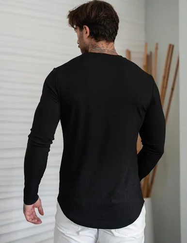 Vista 3 de JMIERR Camisetas de manga larga para hombre, estilo casual, cuello en V Negro+Blanco