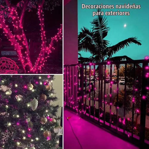 Vista 6 de Luces de Navidad, 100 unidades, luces de cadena rosadas para árbol de Navidad con cable blanco para decoración de Navidad al aire libre e