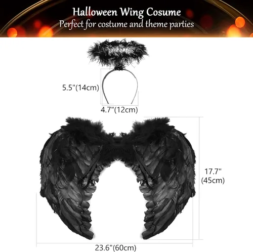 Vista 2 de EPN Diadema de alas de ángel y halo para niñas disfraces de Halloween disfraz de plumas fiesta de cosplay elegante para niñas y mujeres color negro