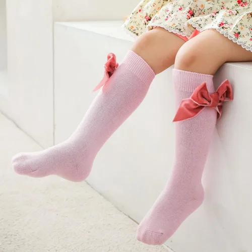 Vista 2 de Calcetines altos hasta la rodilla para bebés niñas, con lazo de punto y moño, calcetines de tubo con volantes para 0-7 años