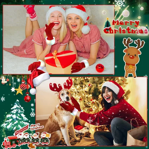 Vista 4 de Suhine 10 pares de guantes rojos de Navidad iluminados con luz LED, guantes cortos de disfraz con puño peludo blanco, guantes de Papá Noel