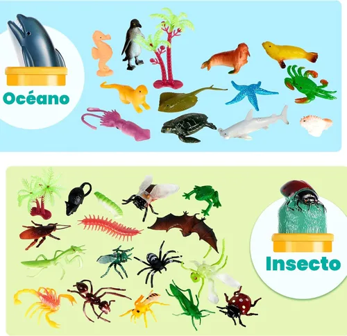 Vista 3 de JOYIN 69 figuras de animales pequeños, mini juego de juguetes de selva con cubo sensorial, juego realista de bosque salvaje, zoológico, océano