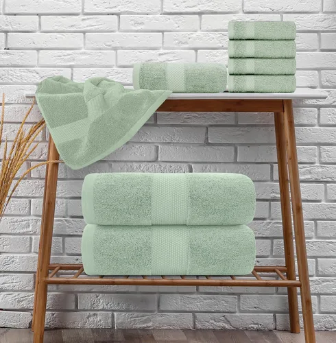 Vista 8 de White Classic Juego de toallas de 8 piezas color verde claro [2 toallas de baño, 2 toallas de mano, 4 toallas faciales] y 2 toallas de baño de lujo