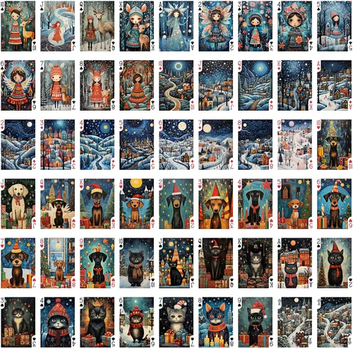 Vista 2 de Naipe de cuento de hadas de Navidad (baraja de póquer 54 cartas todas diferentes) Arte ingenuo Adorable Navidad Niñas Hadas Perros y Gatos Paisajes