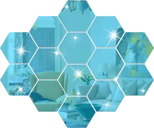 Vista 6 de Juego de 12 calcomanías de pared para bricolaje, espejo hexagonal, para decoración de sala de estar, dormitorio (azul)
