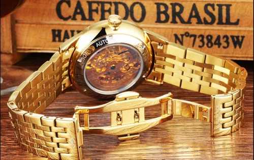 Vista 4 de Gosasa Reloj de oro mecánico de lujo con esfera tallada para hombre 'Dragon Collection