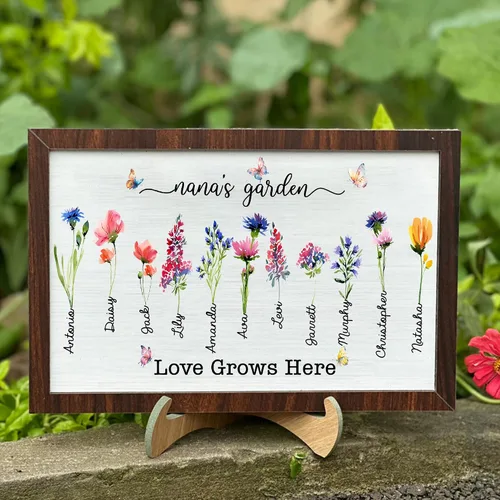Vista 10 de Nazenti Letrero personalizado con marco de jardín de la abuela con nombres de nietos y flor de nacimiento para regalo del día de la madre, regalos