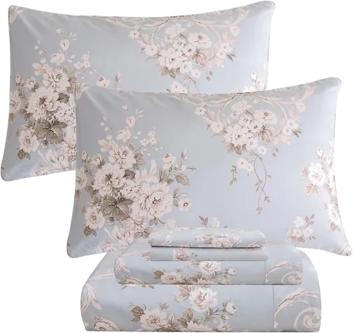 Vista 13 de QSH Juego de sábanas de tamaño individual 100% algodón egipcio, estampado de flores verdes con pájaros, mariposas y botánicas, lujo impreso, ropa