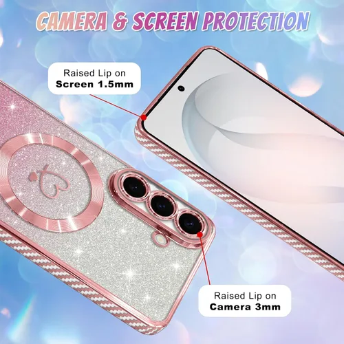 Vista 408 de Bonoma - Funda compatible con Samsung Galaxy S21 Plus, diseño de corazón con purpurina, color rosa Support for MagSafe, Plating Magnetic Case TPU