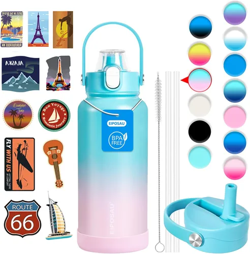 Vista 46 de Botella de agua aislada con tapa, bota y calcomanías, botella de acero inoxidable de 24 onzas, sin sudor, mantiene el frío las 24 horas, botella