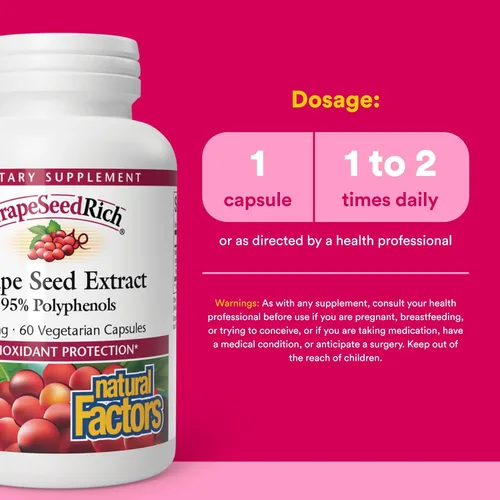 Vista 3 de Natural Factors - GrapeSeedRich Extracto de semilla de uva, soporte antioxidante, 60 cápsulas vegetarianas