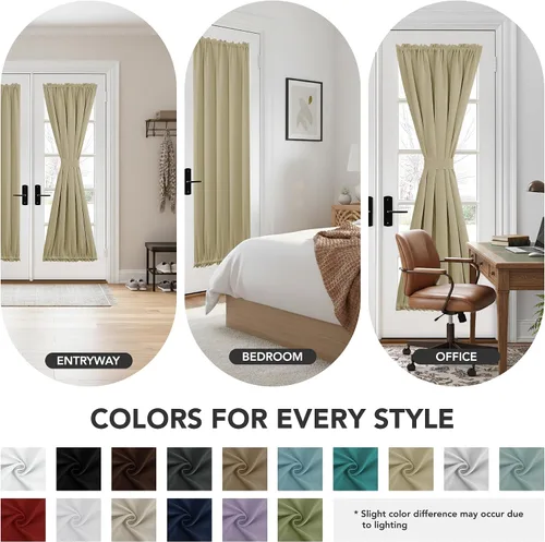 Vista 8 de Deconovo Cortina opaca para puerta de vidrio y luces laterales, panel de privacidad con aislamiento térmico con doble bolsillo para barra y Beige