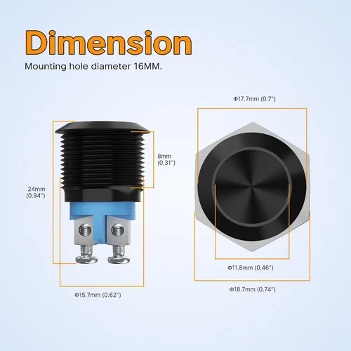 Vista 2 de DaierTek Interruptor de botón momentáneo de 0.630 in, terminales de tornillo de 12 V 5 A, carcasa negra, impermeable, 3A, 250 V, interruptor