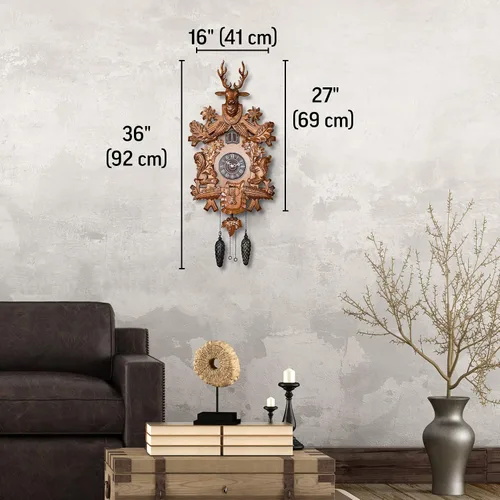 Vista 4 de Reloj de cuco con modo nocturno automático, cabeza de ciervo tallada a mano y decoraciones de madera (marrón)