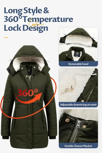 Vista 5 de CREATMO US Abrigo de invierno de sherpa grueso para mujer, chaqueta de nieve cálida con capucha extraíble