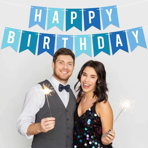 Vista 4 de Cartel de feliz cumpleaños pre-encordado, pancarta azul para fiesta de cumpleaños No DIY – Pre-encordado en hebras de 6 pies – Decoración azul