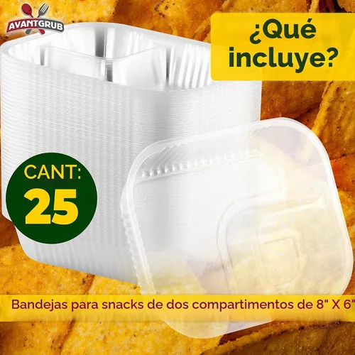 Vista 2 de Bandejas de plástico antiderrames. Barcos desechables de 2 compartimentos, ideales para aperitivos, aperitivos y alimentos justos. Grandes soportes