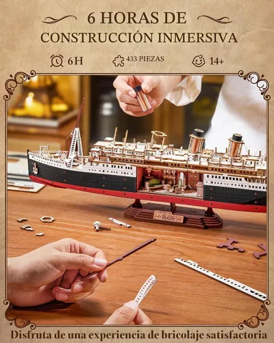 Vista 5 de Rolife Rompecabezas de madera 3D para adultos, kit de modelo Titanic con luces LED, kit de construcción de barcos para decoración de escritorio
