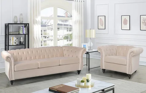 Vista 14 de RARZOE Chesterfield - Juego de sofá biplaza, beige, espuma, 1+2 plazas, 67 pulgadas de ancho x 32 pulgadas de profundidad x 27 pulgadas de alto