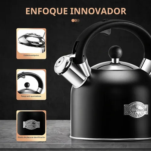 Vista 2 de SUSTEAS Hervidor de té – Hervidor silbante de 3.17 cuartos con mango ergonómico – Ollas de té de acero inoxidable de alta calidad para estufa
