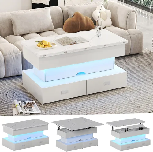 Vista 8 de Mesa de centro elevable de 40 pulgadas con luz LED, modernas mesas de centro grandes con almacenamiento y 4 cajones, mesa de centro de mesa