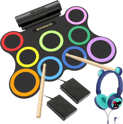 Vista 8 de Juego de batería eléctrica, 7 almohadillas electrónicas para niños con auriculares incluidos, almohadilla de práctica de tambor enrollable, gran 3-8