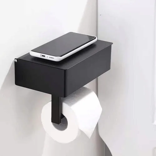 Vista 7 de Soporte de papel higiénico con estante para teléfono SUS 304 de acero inoxidable montado en la pared Soporte de rollo de papel higiénico adhesivo