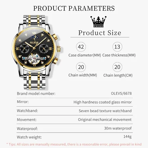 Vista 5 de OLEVS Relojes automáticos para hombre, impermeable, vestido de lujo, cuerda automática, esqueleto mecánico, tourbillon, fase lunar, acero