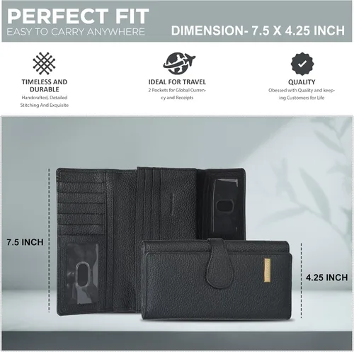 Vista 4 de Carteras de piel con bloqueo RFID, para cheques, con 11 ranuras para tarjetas, para mujer, cartera Rfid