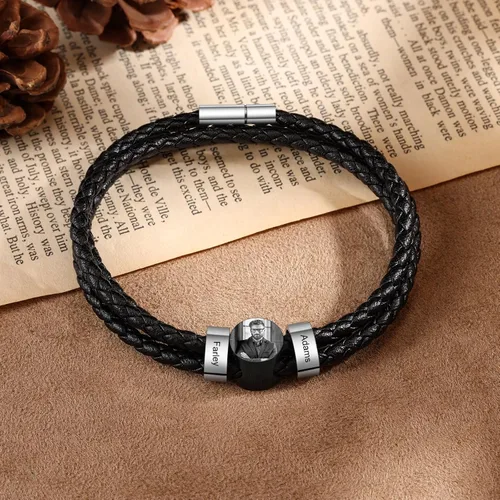 Vista 5 de Pulsera de cuero personalizada para hombre, con foto grabada personalizada, 1-6 nombres, cuentas para hombre, pulseras para padre, placa de nombre