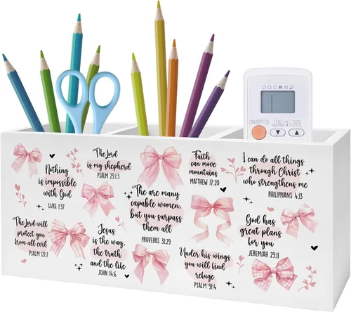 Vista 13 de Soporte Inspirador Floral para Bolígrafos y Lápices con Versículos Bíblicos, Decoración Cristiana para Oficina en Casa, Organizador de Bolígrafos