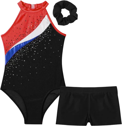 Vista 3 de Kids Girls Ballet Dance Outfits Shiny Sleeveless Gymnastic Leotard with Athletic Shorts Hair Band Tracksuit