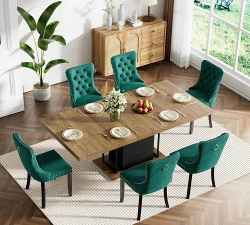 Vista 57 de Juego de mesa de comedor extensible marrón de 63 a 78.74 pulgadas para 4, juego de mesa de comedor de 5 piezas con 4 sillas, mesa de cocina