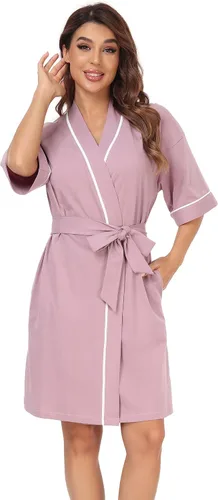 Vista 71 de COLORFULLEAF Bata de baño de manga corta para mujer, 100% algodón, longitud hasta la rodilla, con bolsillos
