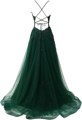 Vista 4 de Kncpti Vestido de fiesta con tirantes delgados, cuello en V, apliques, largo, formal, vestido de baile de noche, sexy, con abertura para mujer