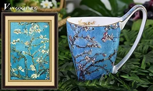 Vista 2 de Taza de café de porcelana de hueso YBK Tech, taza grande de 16oz de té - Diseño inspirado en las pinturas de Van Gogh (flor de albaricoque)