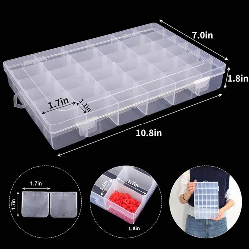 Vista 2 de Caja Organizadora de Plástico Transparente de 36 Cuadrículas con Divisores de Compartimentos Ajustables, Caja de Colección de Rocas para Cuentas