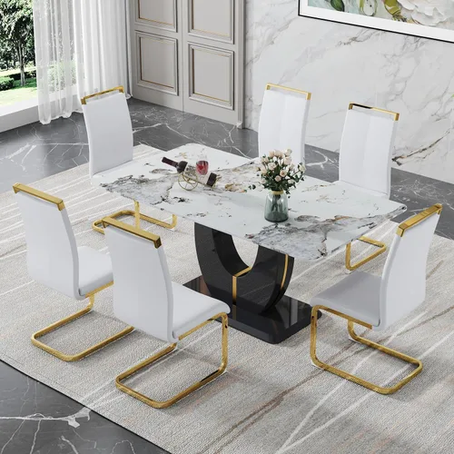 Vista 68 de JUFU Juego de mesa de comedor moderno para 4, juego de mesa de cocina rectangular de 63 pulgadas con mesa de mármol sintético y 4 sillas tapizadas