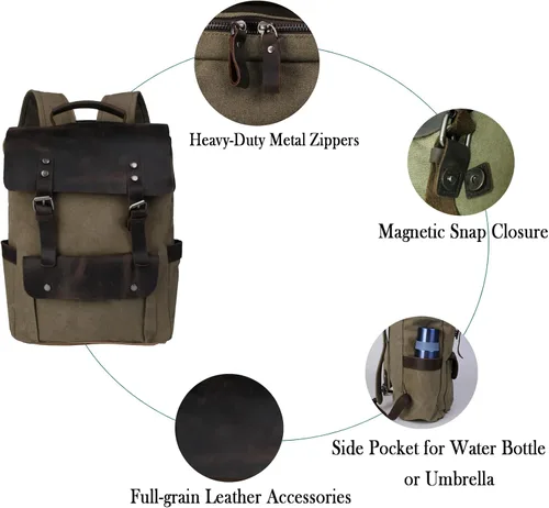 Vista 5 de Mochila de lona vintage con cuero de vaca de grano superior, bolsa de trabajo para portátiles de 16 pulgadas, Verde militar, Mochilas de viaje