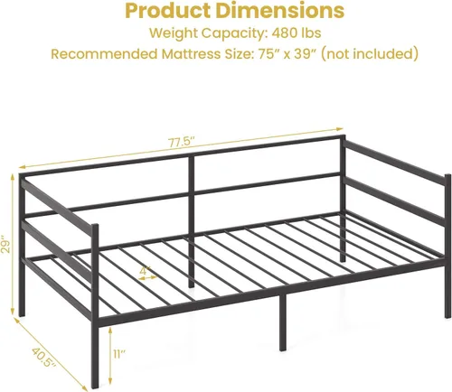 Vista 2 de KOMFOTT Marco de sofá cama de metal tamaño individual, plataforma de soporte de listones de metal resistente, sofá cama con almacenamiento,