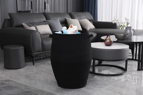 Vista 5 de Cesta alta de cuerda de algodón hecha a mano de 26"x20" con tapa, elegante forma de frasco con cubierta, cesto para ropa con tapa, para dormitorio