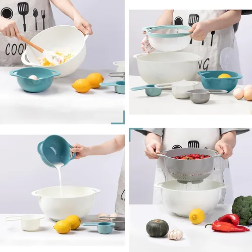 Vista 5 de Juego de 8 cuencos para mezclar, cuencos anidables con asa, incluye 2 cuencos para mezclar, 1 colador, 1 tamiz, 4 tazas medidoras para cocina