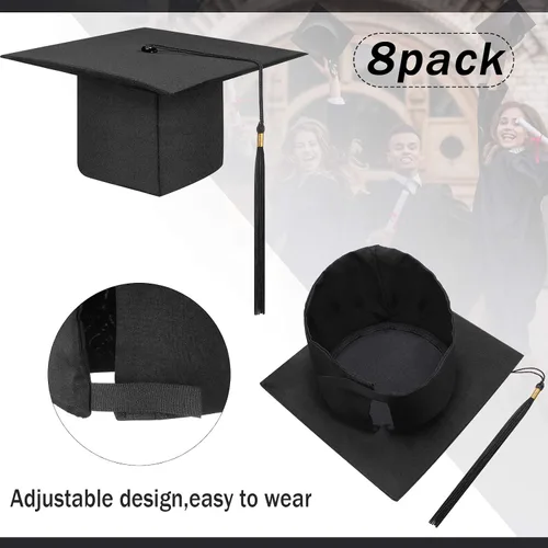 Vista 2 de Geyoga 8 gorras de graduación a granel ajustables para adultos con borla para graduados, accesorios de disfraces, accesorios de fotos