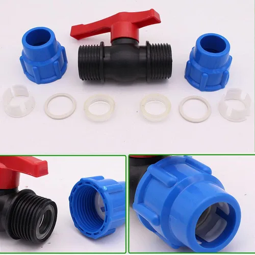Vista 4 de Conector de válvula de bola, válvula de accesorios de tubería de riego MDPE, válvula de bola de plástico para accesorios de compresión de tubería