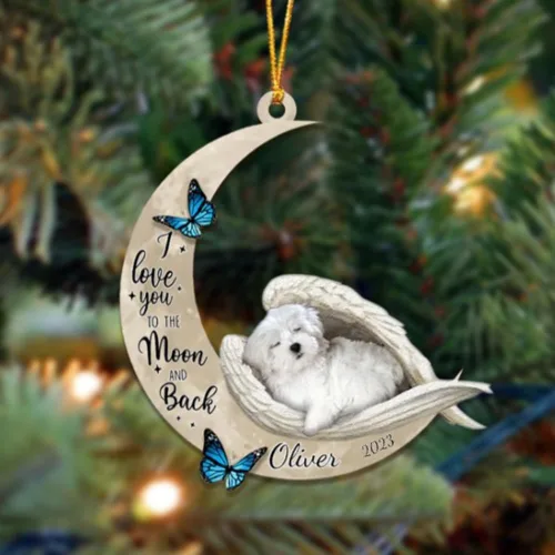 Vista 5 de Adorno colgante personalizado de ángel durmiendo en la luna, perro sabueso afgano, nombre personalizado, acrílico impreso en 2D plano – cumpleaños