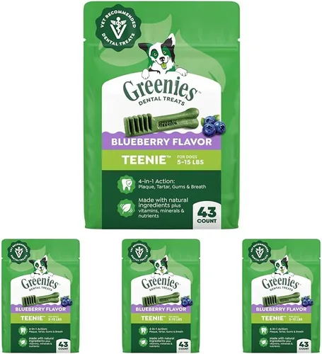 Vista 15 de Greenies Golosinas dentales naturales para perros adultos recomendadas por veterinarios, tamaño Teenie, sabor a arándano azul, paquete de 12 oz., 43