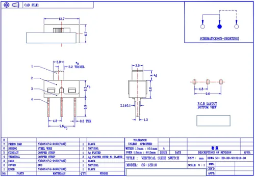 Vista 6 de CYT1107 - Interruptor deslizante vertical de 0.197 in de alto, 2 pines, 2 posiciones, panel SPDT 1P2T (paquete de 20)